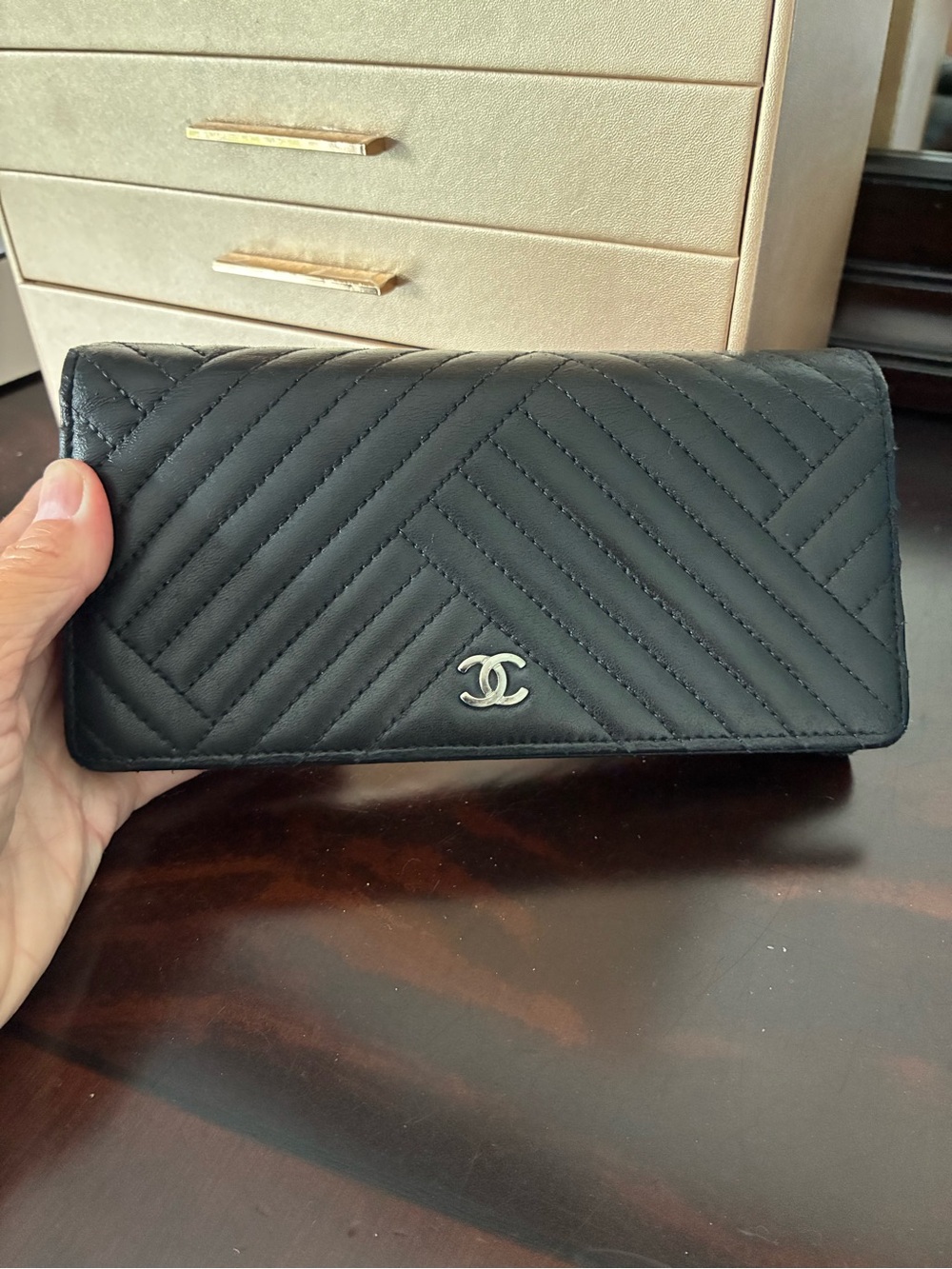 CHANEL Black Chevron Quilted Leather Wallet with Silver CC